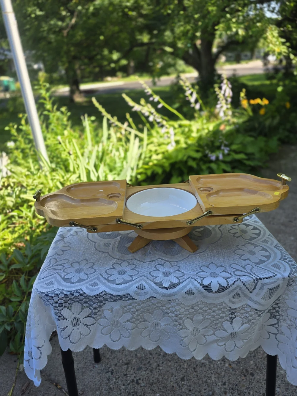 Vintage Rotating Wooden Serving Tray in Honey Brown